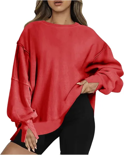 Vista 4 de Ceboyel Sudadera de gran tamaño para mujer 2023, color sólido, cuello redondo, suéter con abertura lateral, cómodo ropa de moda de otoño