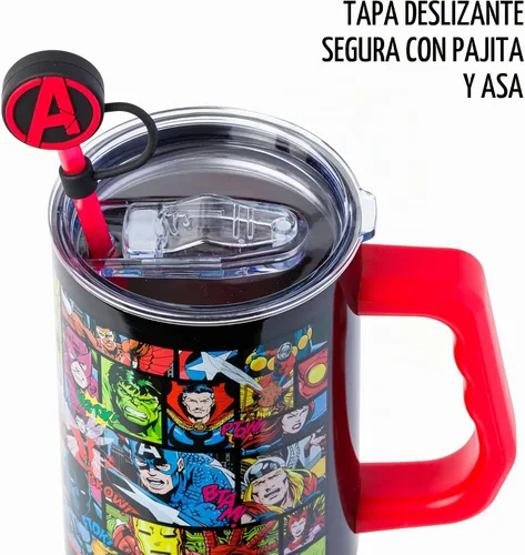 Vista 2 de Silver Buffalo Marvel Avengers - Vaso de acero inoxidable con pajilla, tapa de cubierta, tapa y asa con Iron Man, Capitán América, Blue Beetle