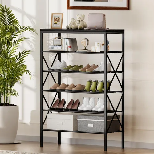 Vista 2 de Zapatero de 6 niveles, zapatero de gran capacidad que sostiene 32 pares de zapatos, estante de metal ajustable y estable, estante para zapatos
