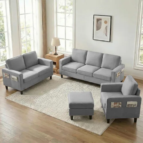 Vista 15 de Mjkone Juego de sofá y silla de 3 piezas con otomana, sofás seccionales de lino de 78 pulgadas de ancho para sala de estar, muebles con bolsillos