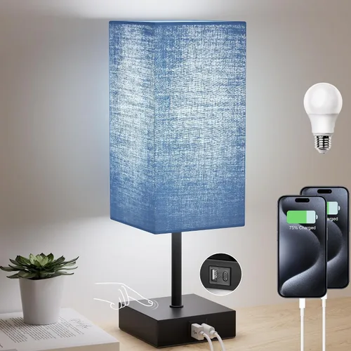 Vista 10 de Lámpara de mesa Sailstar para dormitorio, lámpara de noche táctil de 3 vías regulables, lámpara pequeña con 2 puertos de carga USB C+A, lámparas