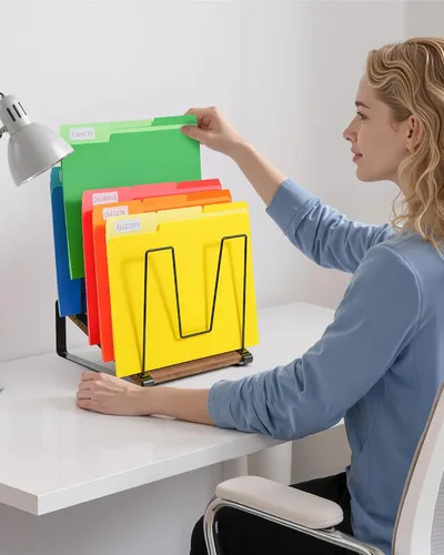 Vista 6 de HULISEN Organizador de archivos de escritorio inclinado, soporte vertical para carpetas de archivos de 5 secciones, estante clasificador de archivos