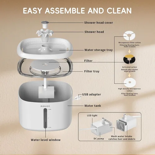 Vista 7 de Fuente de agua para gatos, fuente para gatos de 84 onzas / 2.5 L, dispensador automático ultrasilencioso de agua para mascotas mejorado con 8