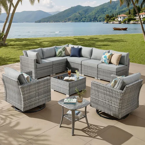 Vista 42 de ovios Juego de muebles de patio al aire libre de 5 piezas con mesa de café, conjunto seccional de muebles de patio con sofá de mimbre para todo tipo