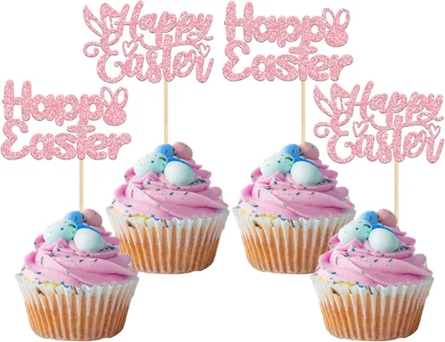 Vista 10 de Gyufise Paquete de 24 adornos azules con purpurina para cupcakes de Pascua con orejas de conejo de Pascua, decoraciones para fiesta de Pascua
