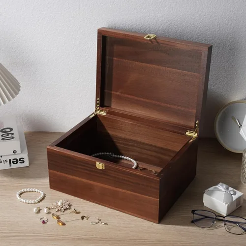 Vista 3 de Caja de almacenamiento grande de madera – Caja de madera con tapa para decoración del hogar, ideal para recuerdos, baratijas, joyas y fotos, 12.5 x