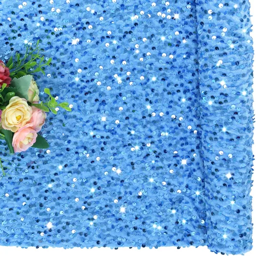 Vista 3 de FOTSHARER The Yard - Tela de lentejuelas color azul bebé con purpurina para coser artesanías, tela de malla de 1 yarda con lentejuelas, tela