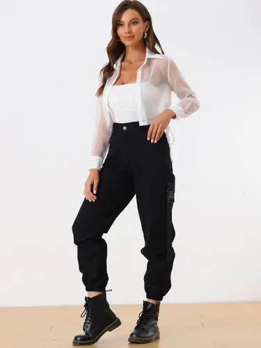 Vista 2 de Allegra K Chaqueta de malla transparente para mujer, manga larga, dobladillo con cordón y botones, recortada