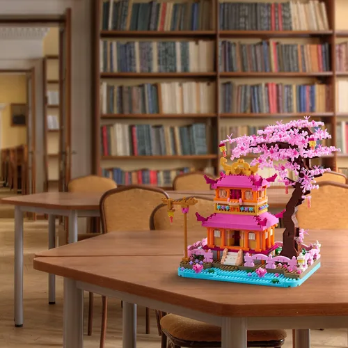 Vista 5 de Juego de microbloques de construcción de Cherry Blossom Tree House Enjoy Flower Pavilion de 1810 piezas, exquisito kit de modelo de arquitectura