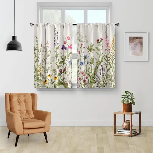 Vista 2 de Aimego - Cortinas de cocina con plantas rústicas y flores de primavera, botánicas, con hojas verdes, cortas, para cafetería, baño, con bolsillo