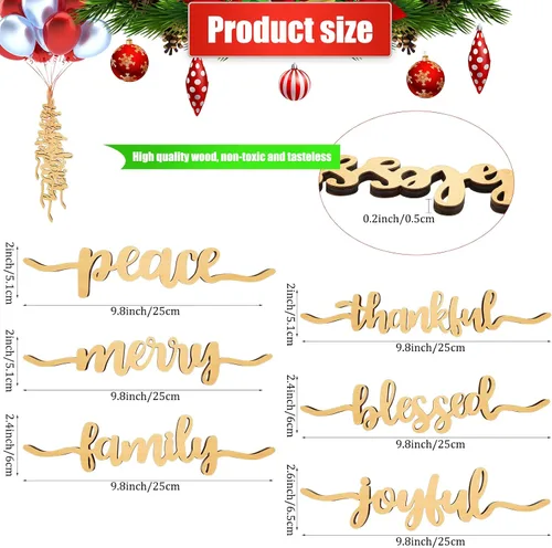 Vista 4 de 12 piezas de letras de madera para decoración de mesa de Navidad, letreros de madera rústicos con texto "Thankful Blessed Merry Joyful Peace
