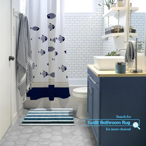 Vista 4 de Sunlit Alfombra de baño azul ombré, alfombra de baño náutica para baño, antideslizante, 24 x 17 pulgadas, azul y blanco