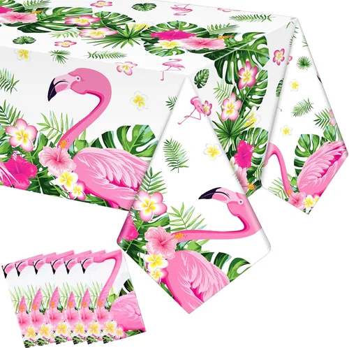 Vista 9 de Preboun 3 manteles de verano con diseño de flamenco para fiestas, mantel de plástico tropical hawaiano, 54 x 108 pulgadas, decoración de mesa rosa