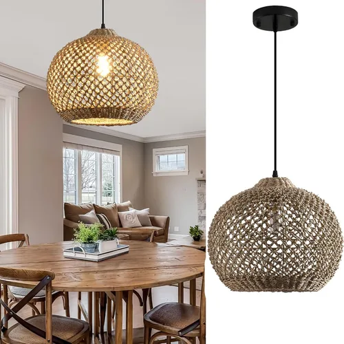 Vista 9 de Lámpara colgante de ratán de 3 luces, estilo bohemio, tejido de mimbre, costero, para colgar en el techo, para cocina, isla, sala de estar, comedor
