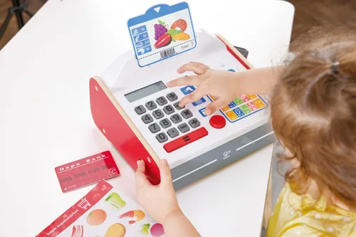Vista 2 de Hape Caja registradora Beep 'n' Buy Caja registradora de juguete de juego de rol para niños, para niños a partir de 3 años