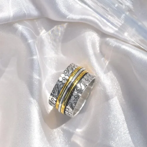 Vista 4 de YoTreasure Blue Topaz Solid 925 Sterling Silver Brass & Copper Meditation Spinning Ring
