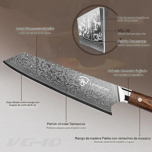 Vista 3 de Cuchillo de chef de Damasco hecho a mano de 8 pulgadas con mango Cuchillo de chef de Damasco de 8" con mango de madera de Pakka