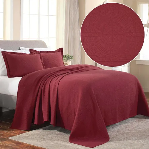 Vista 3 de Superior Fleur De Lis - Juego de colcha de algodón de 3 piezas, decoración de cama para el hogar, colcha decorativa con textura, 2 fundas de Granate
