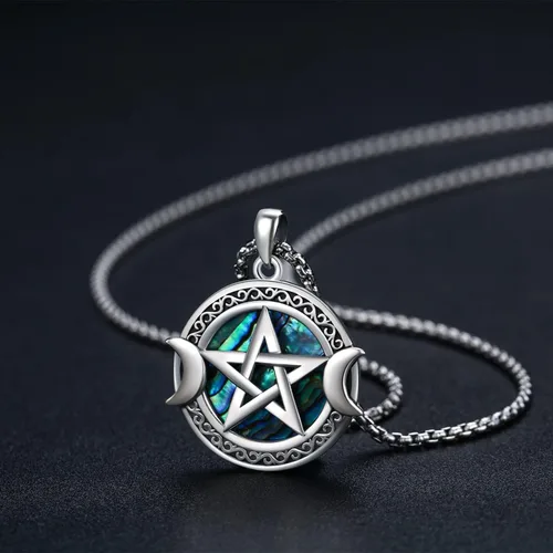 Vista 3 de Collar de diosa de triple luna de plata de ley 925 nudo celta pentagrama pentagrama collar con colgante de pentáculo agano wiccano amuleto mágico