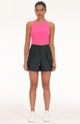 Vista 5 de THE GYM PEOPLE Pantalones cortos de senderismo para mujer, cintura alta, elásticos, pantalones cortos de entrenamiento al aire libre con bolsillos