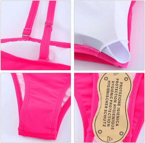 Vista 6 de Pink Queen - Traje de baño de dos piezas para mujer, de talle alto, atrevido, con tirantes y relleno removible para el busto