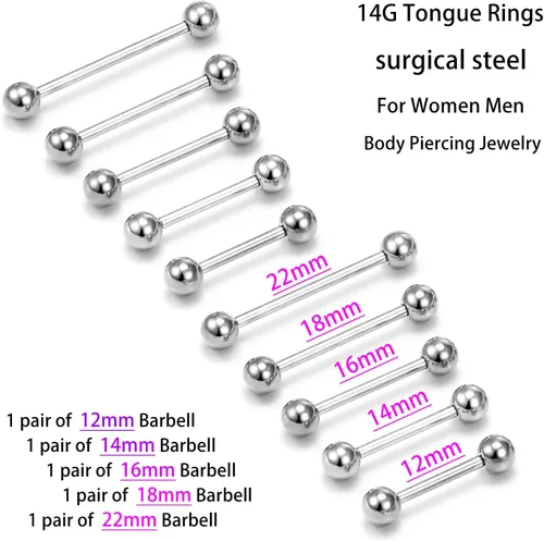 Vista 4 de Prjndjw Anillos de lengua de acero quirúrgico de 14G, anillos rectos para pezón, anillos de lengua para mujeres y hombres, longitud 0.472 in, 0.551