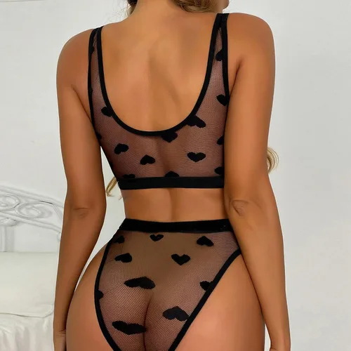 Vista 4 de Conjunto de 2 piezas de lencería de encaje para mujer, brasier y calzones transparentes, ropa de noche exótica zorra, babydoll para sexo travieso L4