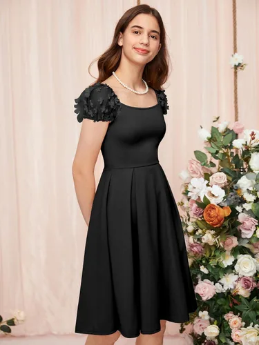 Vista 5 de WDIRARA Vestido de malla con apliques de malla con cuello cuadrado y dobladillo con volantes para niña