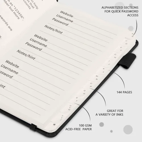 Vista 5 de JUBTIC Libro de contraseñas con pestañas alfabéticas, pequeña libreta de contraseñas con bolsillo interior, registro de inicio de sesión