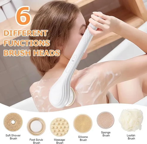 Vista 2 de Cepillo corporal eléctrico recargable para ducha, cepillo de baño exfoliante de mango largo para ducha, aplicador de loción para la espalda