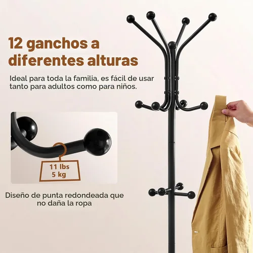 Vista 5 de Hoctieon Perchero independiente, Perchero con soporte para paraguas, perchero de metal con 12 ganchos, soporte para colgar abrigos de pie, soporte