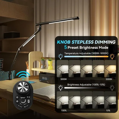 Vista 2 de Lámpara de escritorio LED ajustable de color negro moderno – Lámpara de mesa de oficina de montaje con abrazadera con control remoto de escritorio