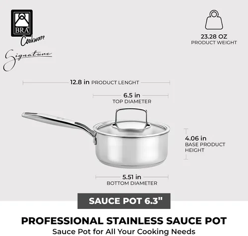 Vista 2 de BRA COOKWARE Signature Olla de acero inoxidable con tapa de vidrio Cacerola profesional de 1.2 cuartos de galón de 6.3 pulgadas Olla