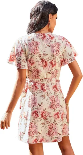 Vista 6 de Ayliss Vestidos de verano para mujer estilo casual manga corta cuello en V estampado floral vestido mini para fiesta en la playa