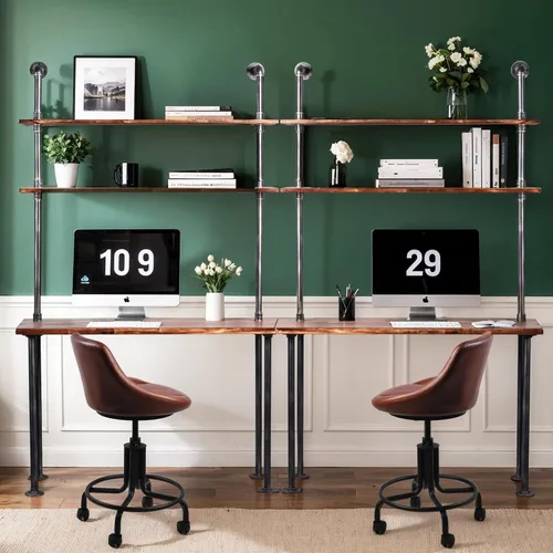 Vista 4 de LOKKHAN Escritorio industrial para portátil de 79 pulgadas, escritorio de madera maciza, escritorio de pared con estantes, mesa de computadora