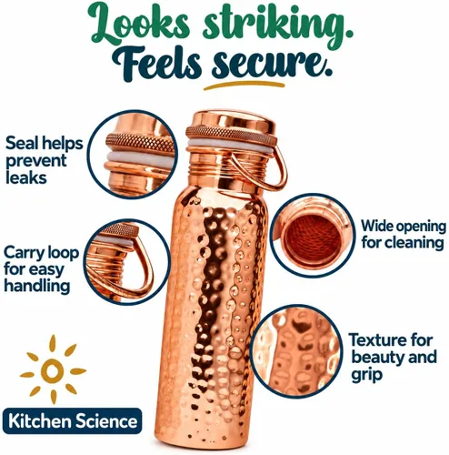 Vista 3 de Kitchen Science Botella de agua de cobre ayurvédica auténtica con asa (34 oz/1000 ml) Testada en laboratorio, a prueba de fugas Incluye fundas