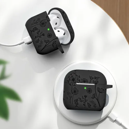 Vista 8 de Lerobo Funda para AirPods 5/4, funda de silicona suave grabada con flores A-Negro