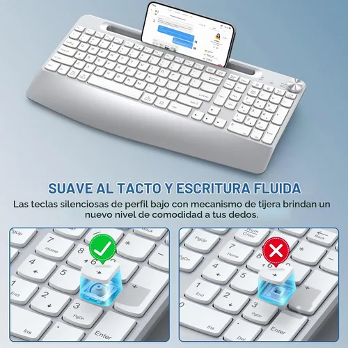Vista 4 de JOYACCESS Combo ergonómico de teclado inalámbrico y ratón, teclado inalámbrico de tamaño completo diseñado con soporte para teléfono y Blanco