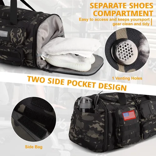 Vista 5 de Bolsa de gimnasio expandible para hombres, táctica grande 3 en 1, bolsa deportiva con compartimento para zapatos, resistente al agua, bolsa de mano