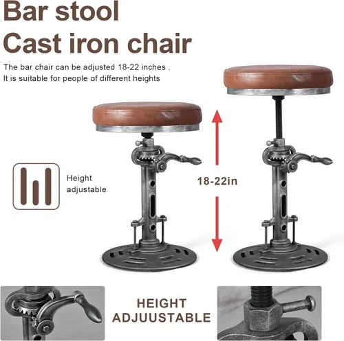 Vista 4 de Taburete de bar antiguo con asiento de poliuretano para cocina, comedor, altura de mostrador de 18 a 22 pulgadas, taburetes de café industriales