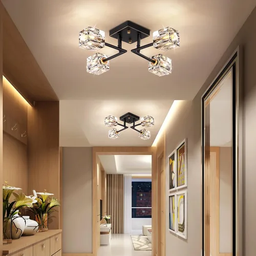 Vista 4 de Lámpara de techo moderna de cristal, lámpara de techo semiempotrada con 4 luces, candelabros Sputnik negros y dorados para dormitorio, comedor