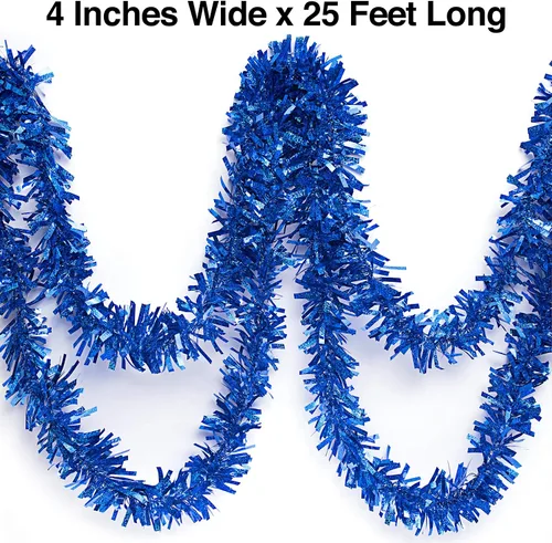 Vista 8 de Anderson's Guirnalda de oropel con purpurina azul metálico, decoración navideña de 25 pies, borde de árbol de Navidad, decoración de flotador