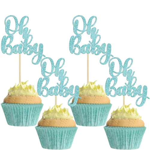 Vista 13 de Gyufise 36 piezas Adornos para cupcakes Oh Baby con moño azul y rosa, brillante dorado, adornos para cupcakes de baby shower, adornos para cupcakes