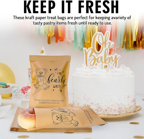Vista 7 de AnyDesign Paquete de 100 bolsas autoadhesivas de papel kraft para baby shower, con texto en inglés "We Can Bearly Wait", bolsas de papel kraft