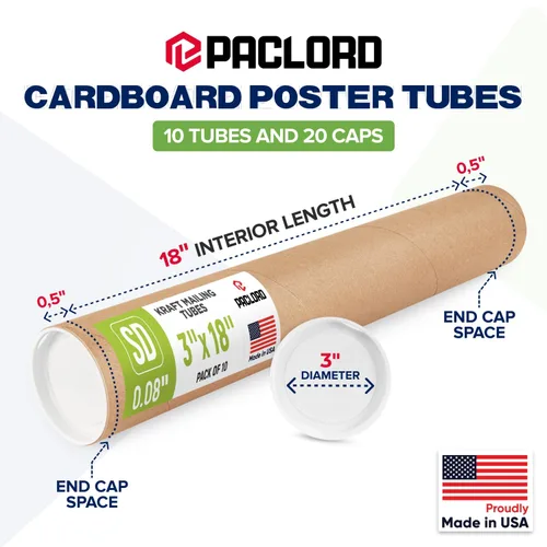 Vista 2 de Tubo de correo de papel kraft reforzado de 3 x 18 pulgadas, paquete de 10 tubos con 20 tapas, tubo seguro aprobado por USPS para póster - Tubo