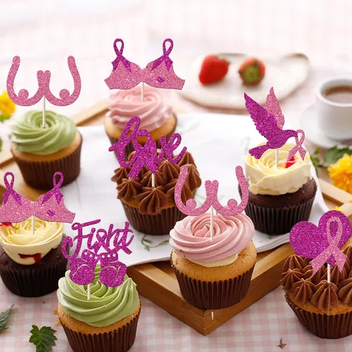 Vista 4 de Rsstarxi Paquete de 24 adornos para cupcakes con purpurina para concientización sobre el cáncer de mama, cinta rosa con purpurina para lucha contra