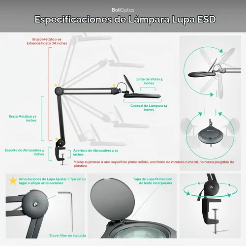 Vista 4 de ESD Safe (lente de cristal) lámpara de aumento LED profesional con abrazadera (5 dioptrías, 2.25X), luz de trabajo, 4 niveles de brillo, brillo