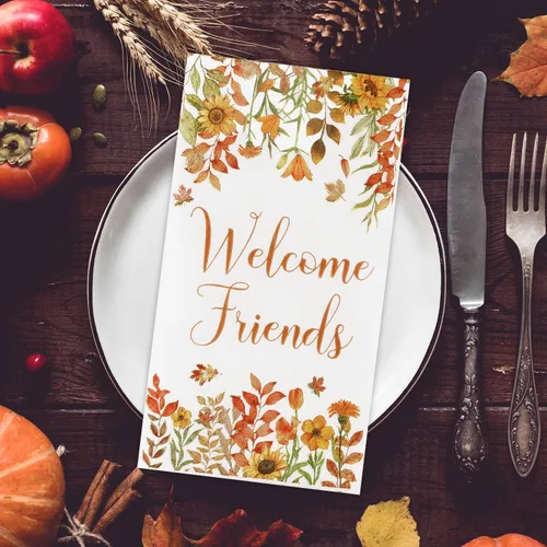 Vista 5 de Quera 100 servilletas de papel desechables con hojas de otoño con texto en inglés "Welcome Friends", servilletas de papel desechables para Acción