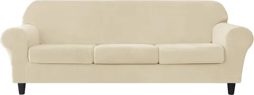 Vista 26 de CONRUSER Funda elástica para sofá, funda de terciopelo suave para sofá de un solo asiento con funda de cojín, protector de muebles (beige, talla S)