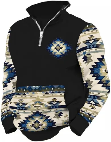 Vista 22 de LOAIHA Native American - Sudadera con capucha para hombre, manga larga, cremallera de 1/4, chaqueta vaquera